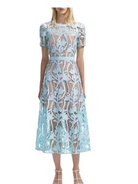 Self-Portrait Powder Blue Lace Midi Dress with Floral Appliqué